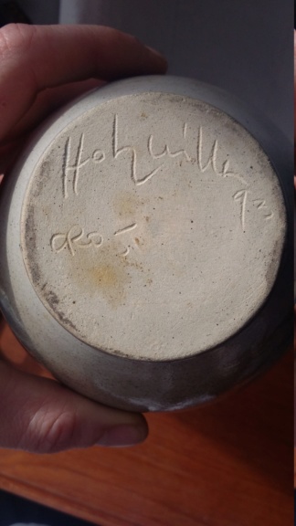 Signed 1990s jug with leaf design, Holsville? Czech? Irish?  20190311