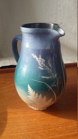 Signed 1990s jug with leaf design, Holsville? Czech? Irish?  20190312