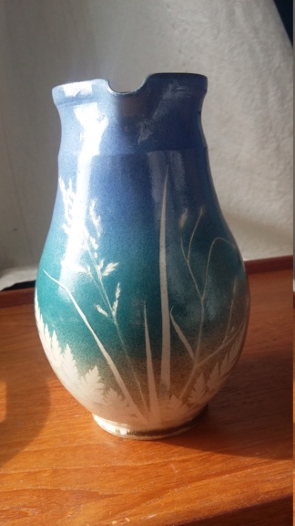 Signed 1990s jug with leaf design, Holsville? Czech? Irish?  20190313