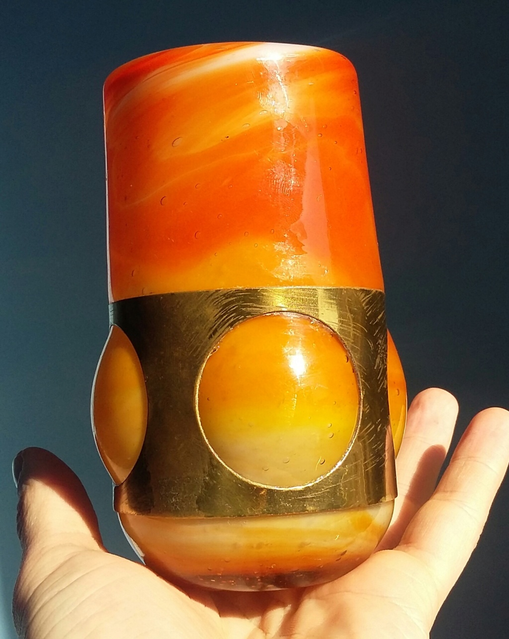 Opaque white and orange glass vase with brass work 20190323