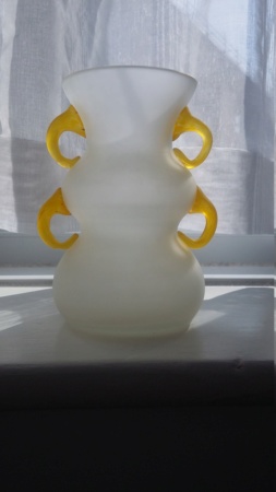 Frosted White Vase with applied Yellow Handles 20190412