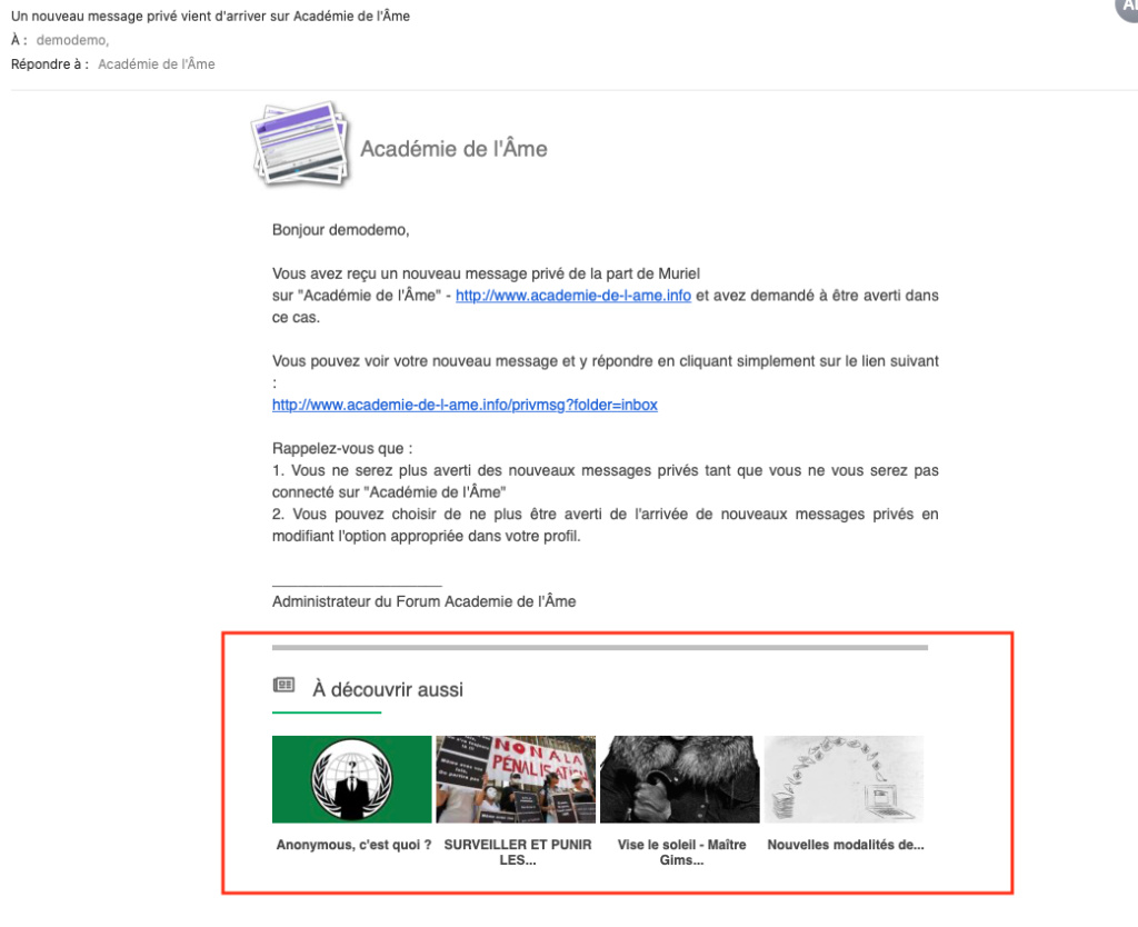 Message privé avec "A découvrir aussi" Pub111