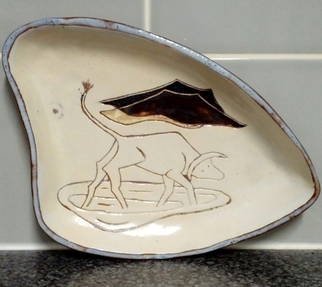 R.G. 1960. Primitive-looking sgraffito shallow dish. 20200470
