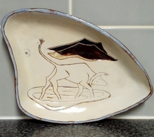 R.G. 1960. Primitive-looking sgraffito shallow dish.  20200470