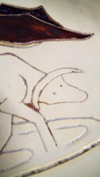 R.G. 1960. Primitive-looking sgraffito shallow dish.  20200471