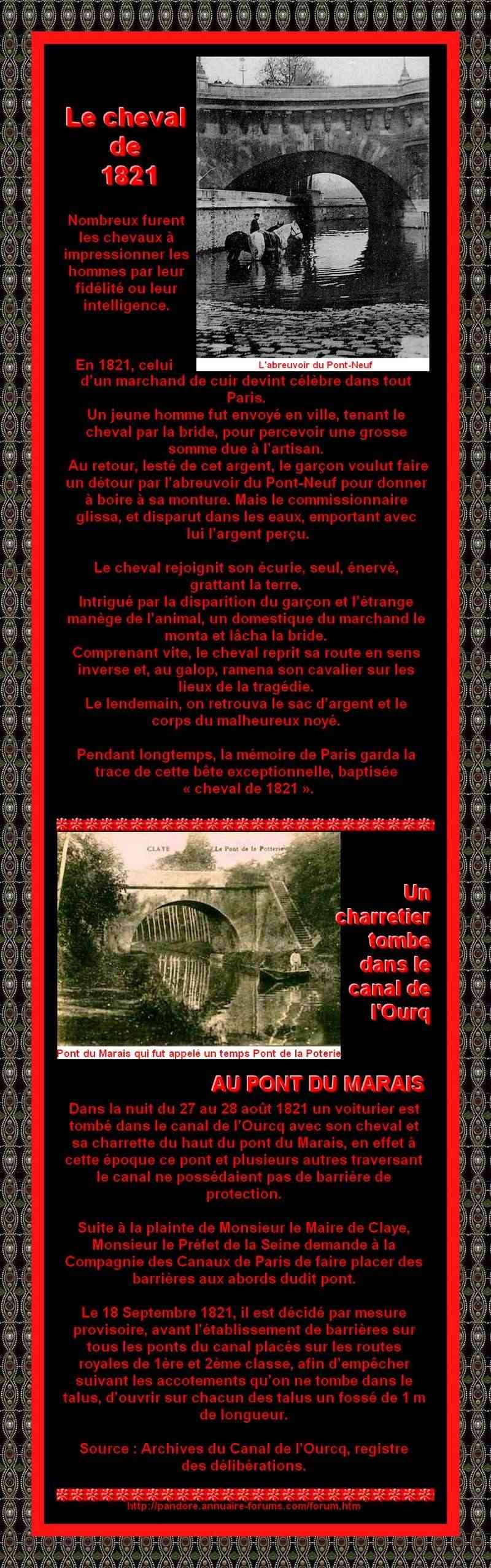 1821 - UN CHEVAL A PARIS - AUTRE FAIT DIVERS UN CHARRETIER TOMBE DANS LE CANAL DE L'OURQ 1a105