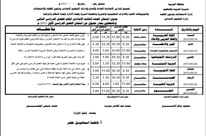 جدول امتحانات الشهادة الاعدادية الترم الثاني 2013 محافظة الغربية   13656311