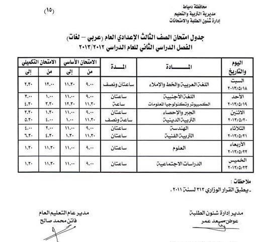 جدول امتحانات الشهادة الاعدادية الترم الثاني 2013 محافظة دمياط    213