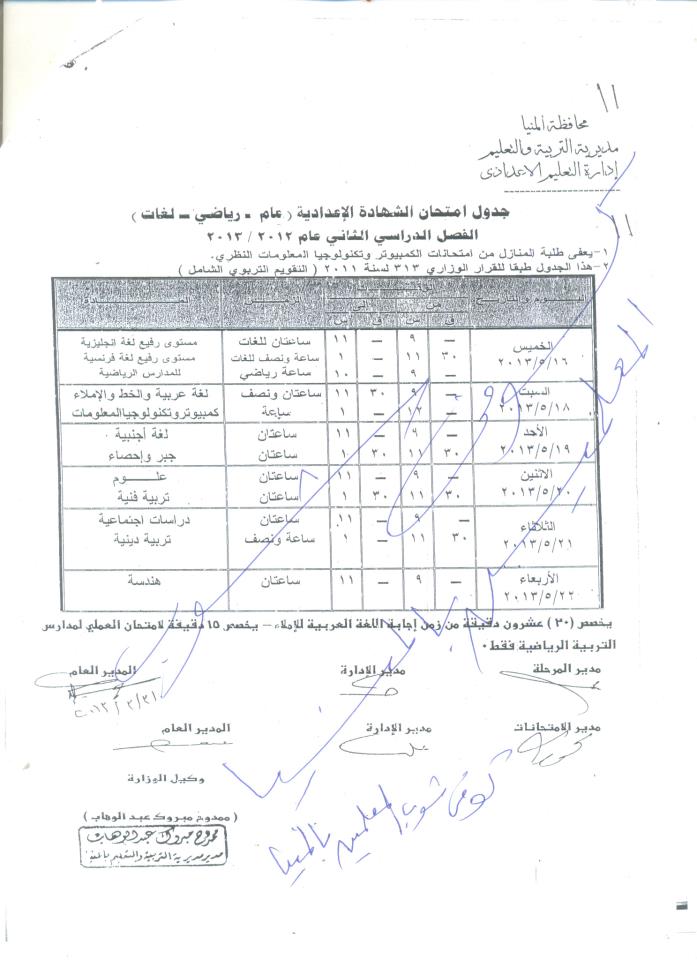 جدول امتحان الشهادات  محافظة المنيا - الترم الثاني 2013  214