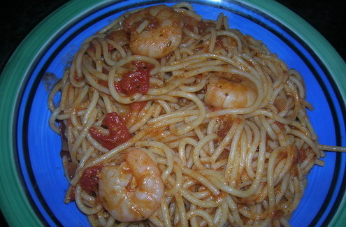 red sauce spagetti with prawns 111