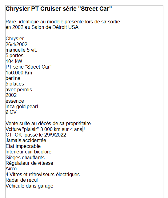 VENTE D'UN  PT cruiser 2002 impeccable 2022-017