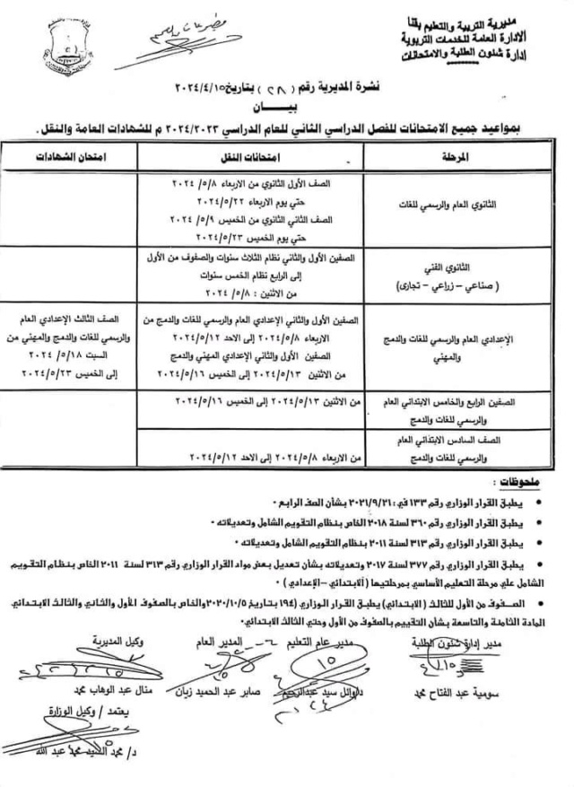 جداول امتحانات محافظة قنا ترم ثاني 2024  11061