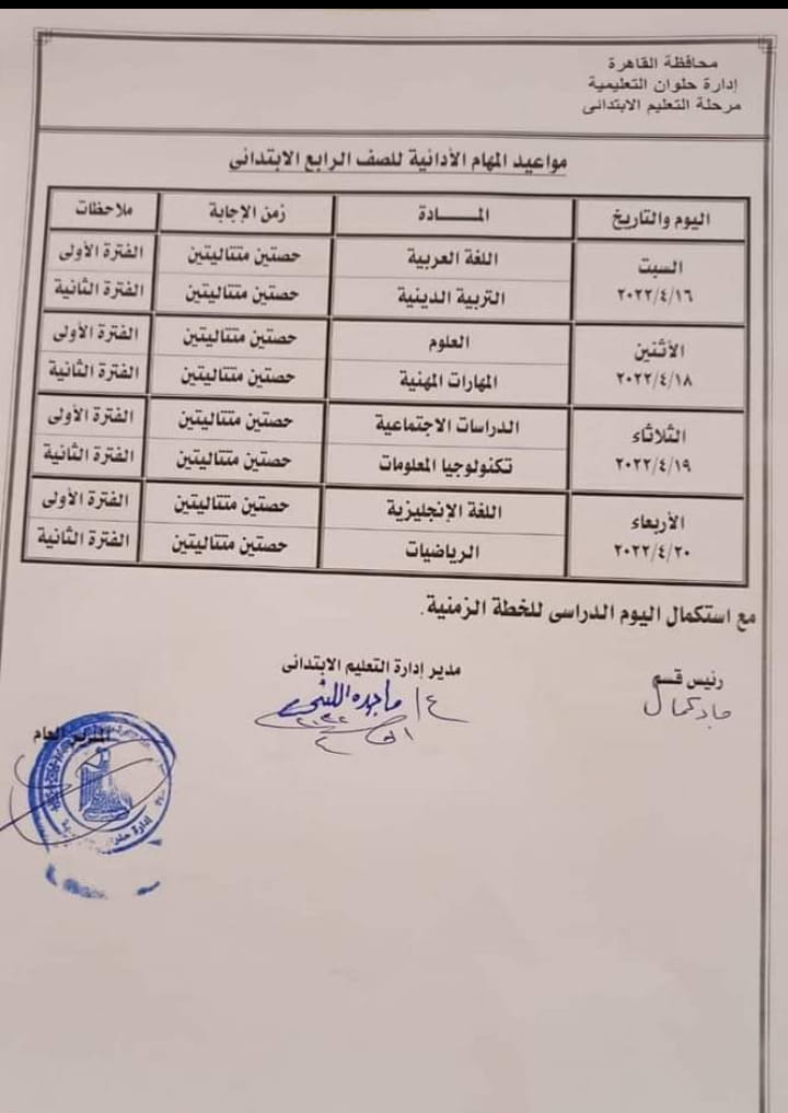 جدول المهام الأدائية للصف الرابع الترم الثاني 2022 محافظة القاهرة 1206