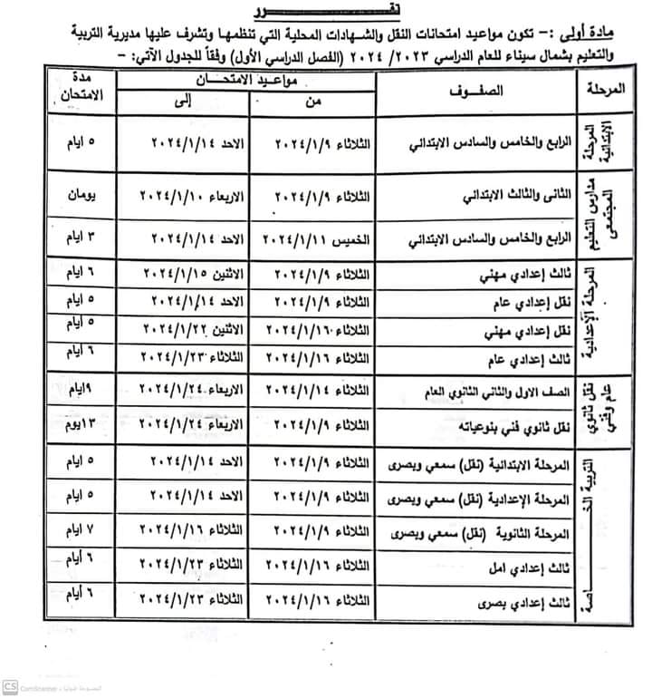 جدول امتحانات شمال سيناء الترم الاول 2024 12139