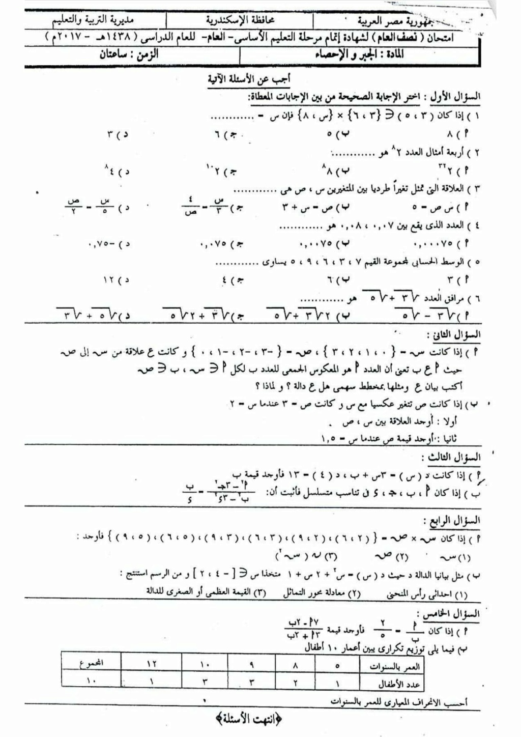 الرياضيات - تجميع امتحانات الرياضيات للشهادة الاعدادية بالاسكندريه ترم اول. السنوات السابقة 1780