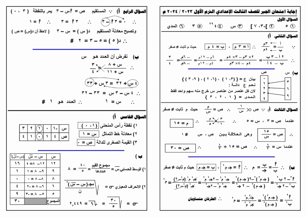 امتحان الجبر للصف الثالث الاعدادي 2024 شمال سيناء 1951