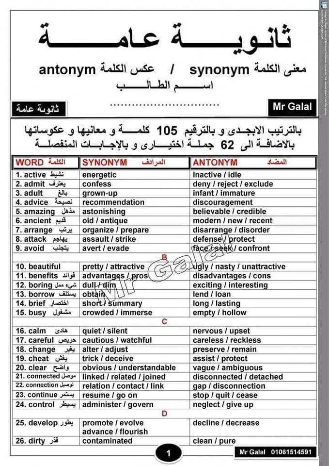  مراجعة أهم الكلمات وعكسها في اللغة الإنجليزية للثانوية العامة PDF 1980