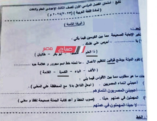 امتحان اللغة العربية للصف الثالث الاعدادي 2024 الوادي الجديد 1_ya-a12