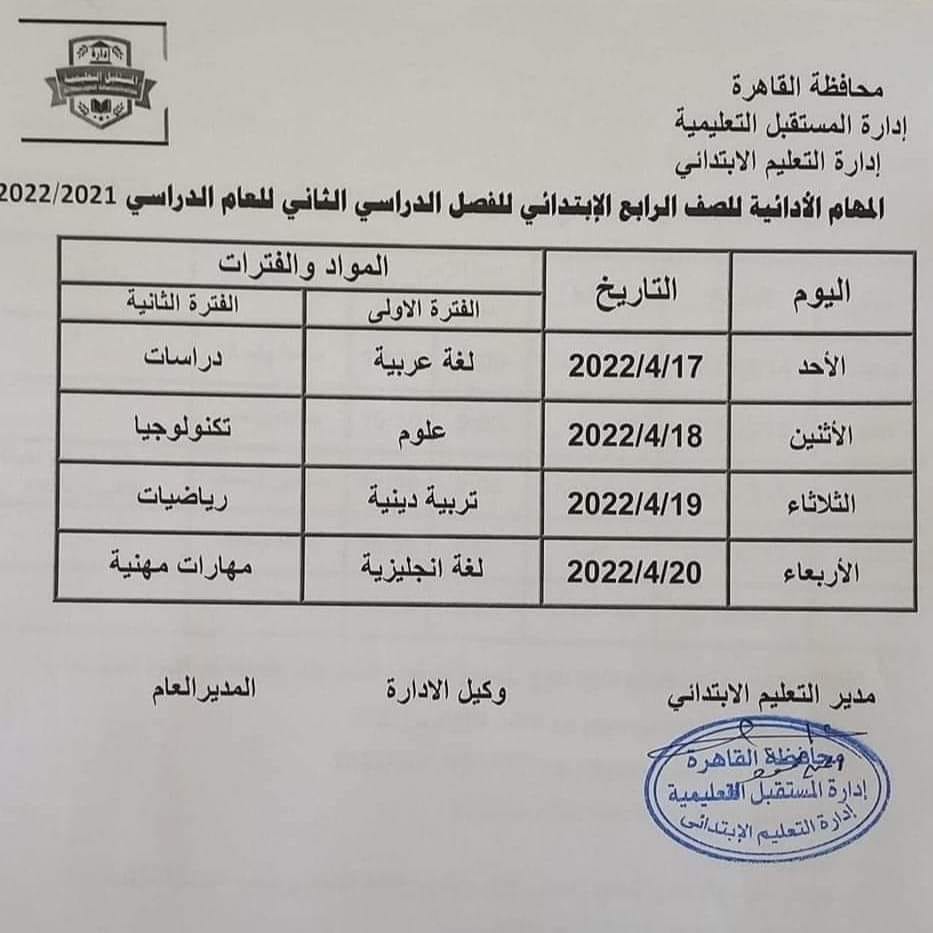 جدول المهام الأدائية للصف الرابع الترم الثاني 2022 محافظة القاهرة 2125