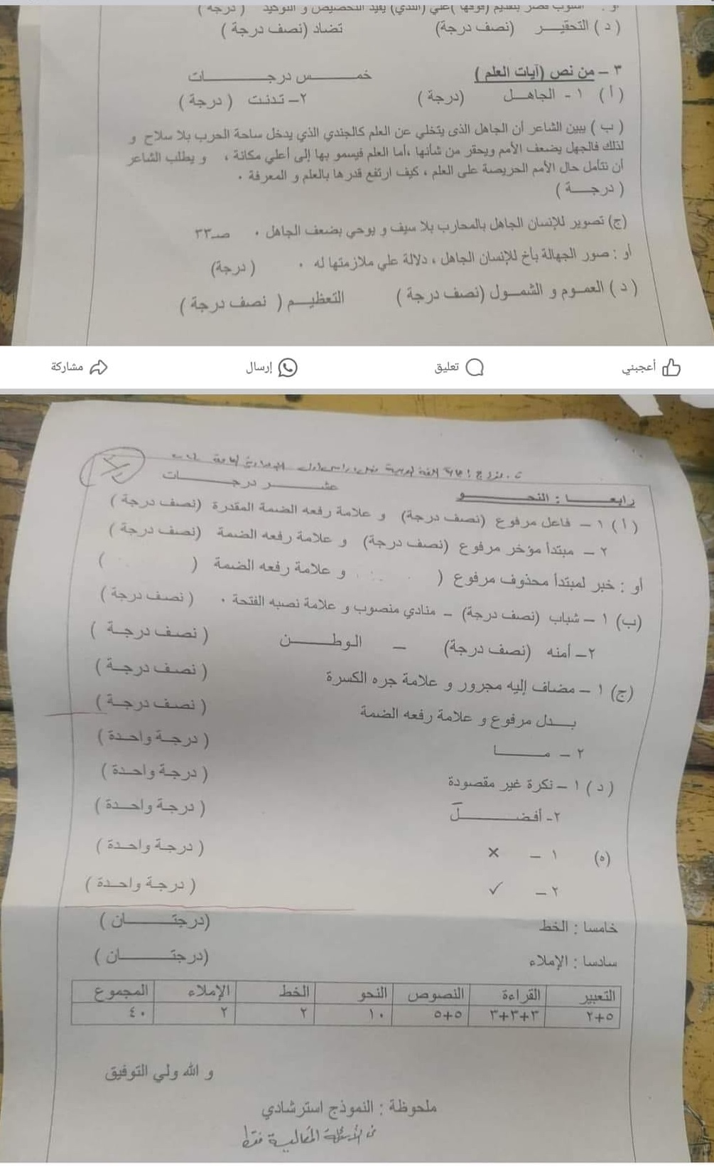 نموذج اجابة امتحان اللغة العربية للشهادة الاعدادية 2024 القليوبية بتوزيع الدرجات 3449