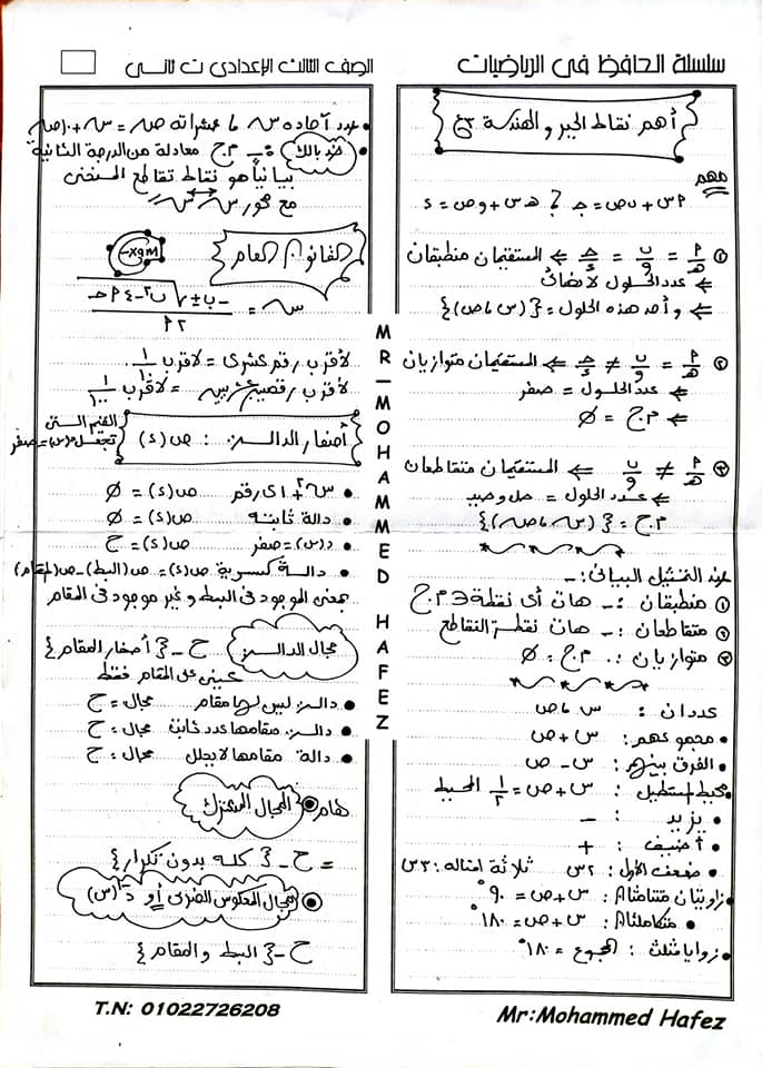 ملخص شامل رياضيات الصف الثالث الإعدادي ترم ثاني أ/ محمد حافظ 4163