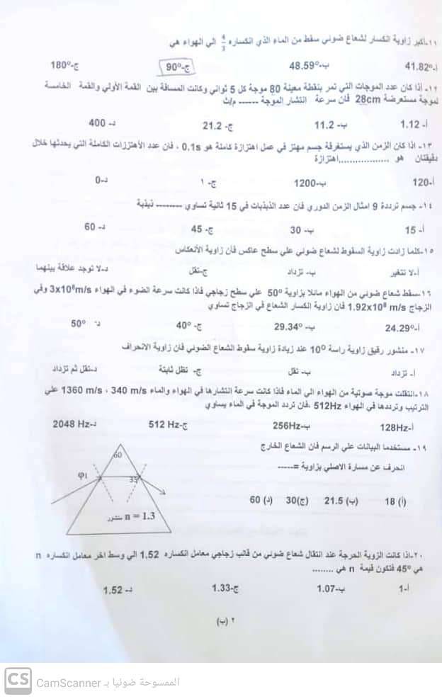 امتحان فيزياء الصف الثانى الثانوي اهناسيا بنى سويف 4533