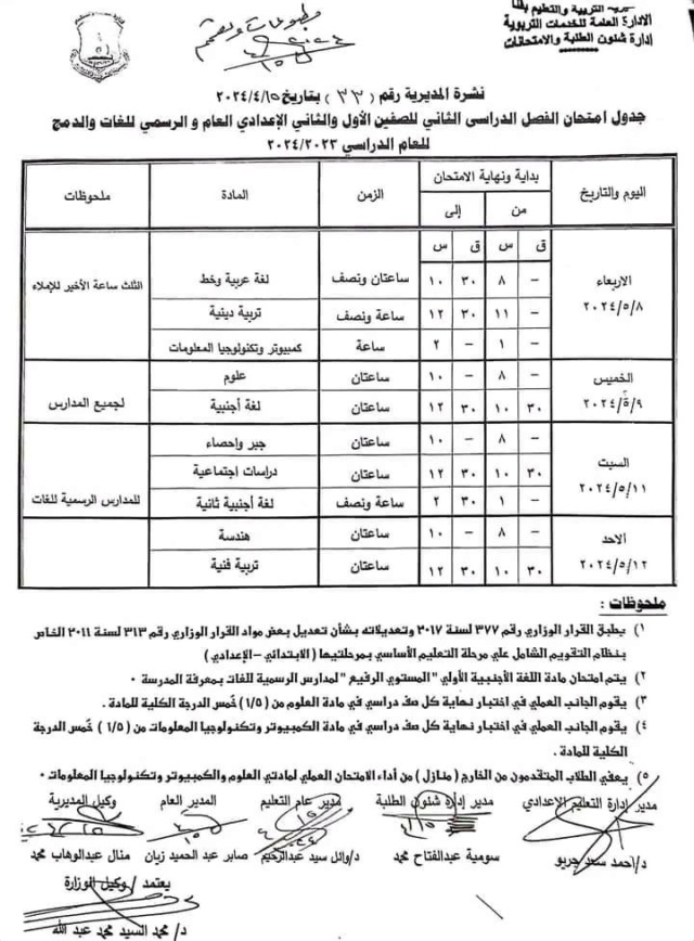 امتحانات - جداول امتحانات محافظة قنا ترم ثاني 2024  5368