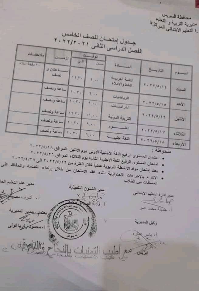 جدول امتحانات الصف الخامس الابتدائي الترم الثاني 2022 محافظة السويس 575