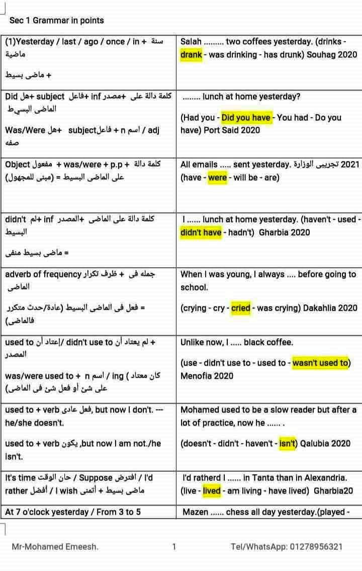 ملخص قواعد اللغة الإنجليزية للصف الأول الثانوي ترم أول مستر محمد عميش 818
