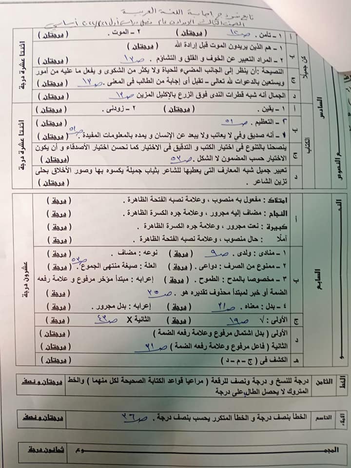 نموذج الاجابة الرسمى لامتحان اللغة العربية للشهادة الاعدادية 2022 محافظة الجيزة 922