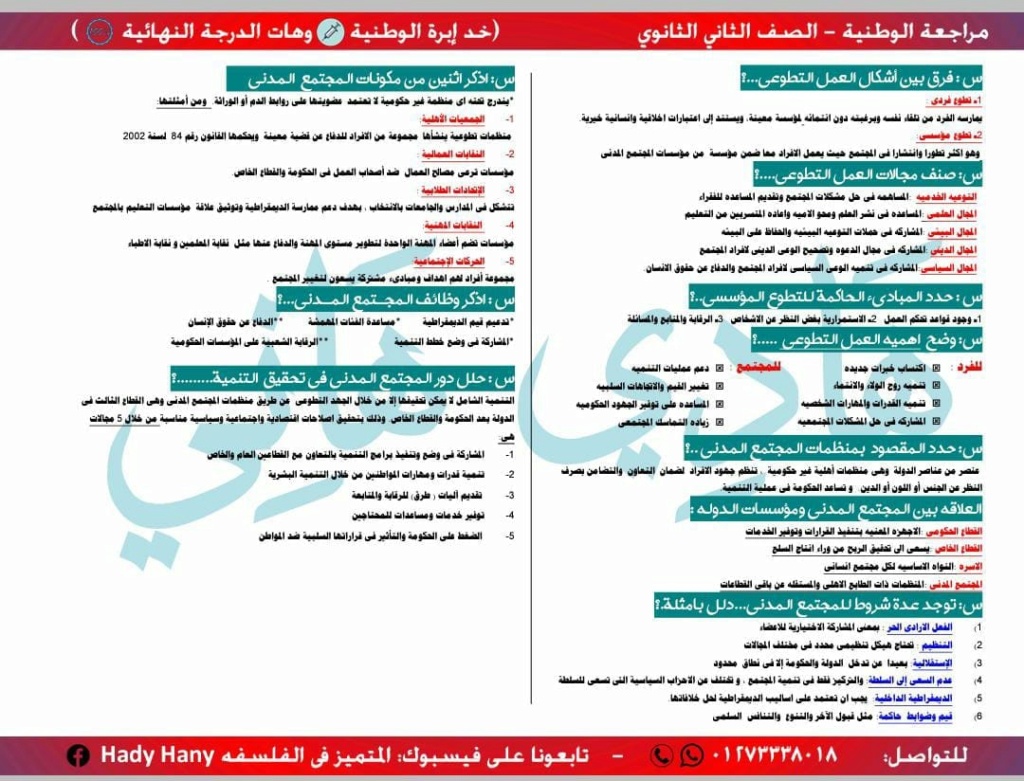 ملخص التربية الوطنية ٢ ثانوي ترم ثاني في ورقتين لمستر هادي هاني