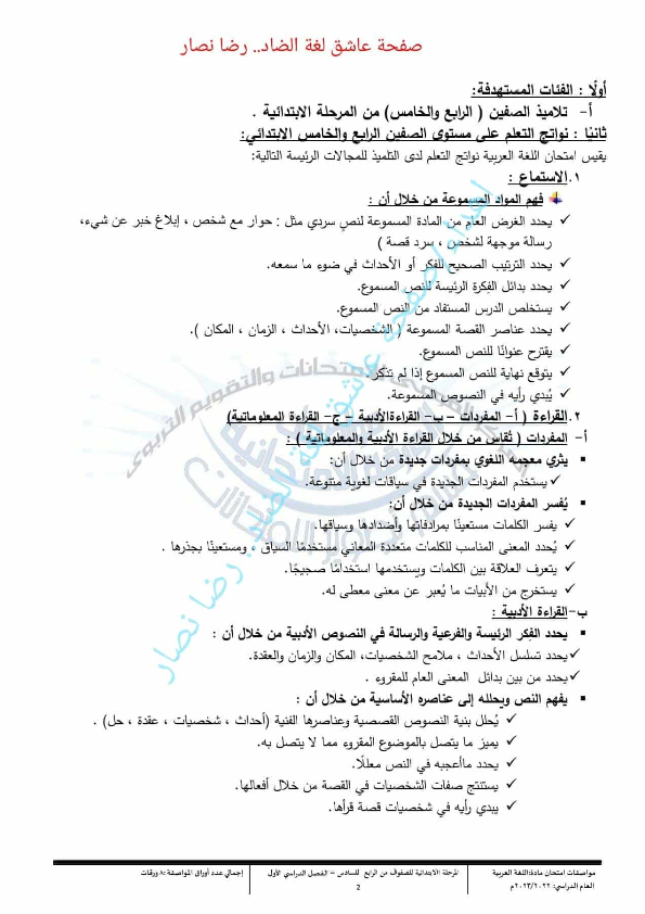 مواصفات امتحان 2023 في اللغة العربية للصف الرابع والخامس والسادس الابتدائي  Aiao_a11
