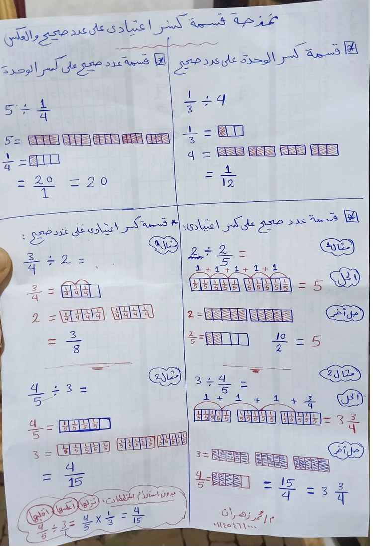  نمذجة قسمة كسر اعتيادي على عدد صحيح والعكس رياضيات السادس ترم ثاني أ. محمد زهران Screen43