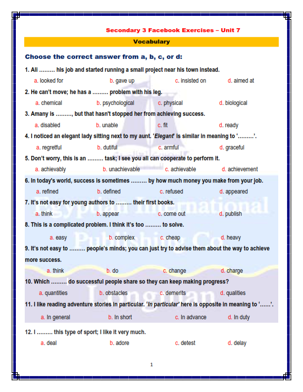 مراجعة انجليزي 3 ثانوي الوحدة 7 + أسئلة التفكير النقدي PDF Unit_710