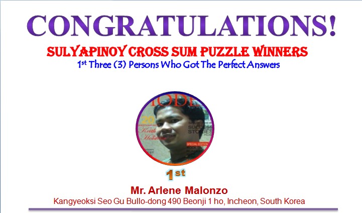 Cross Sum Puzzle - SULYAPINOY Volume 2, Issue 1 Winners 111