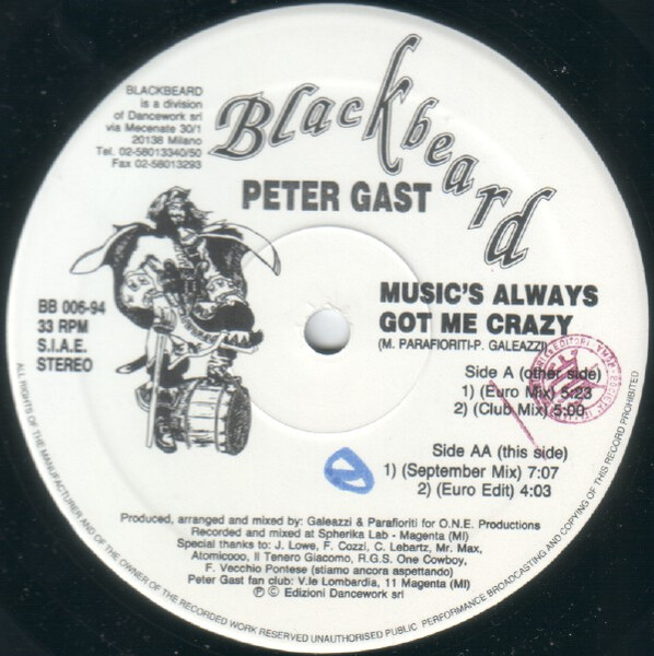 Peter Gast - Music's Always Got Me Crazy (12" Vinil, Blackbeard BB 006-94) Italy (1994) (320K) Vinil86