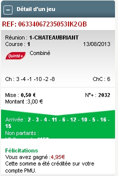 13/08/13 --- CHATEAUBRIANT --- R1C1 --- Mise 24 € => Gains 31,55 € Screen22