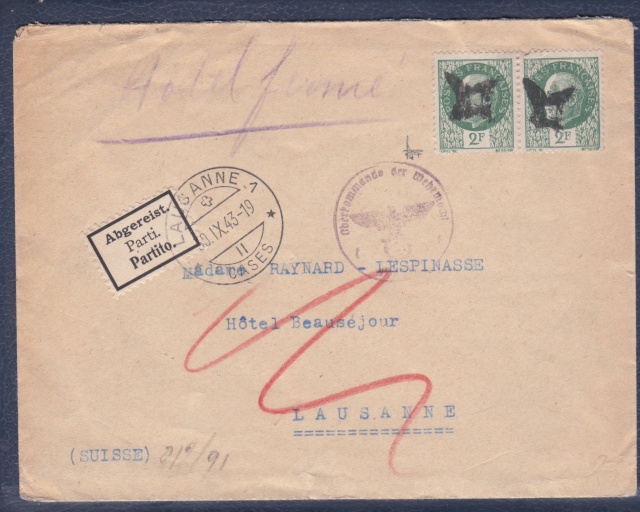 Lettre (de Paris) avec oblitération " rosette de Lyon" de septembre 1943 avec contenu. _1000710