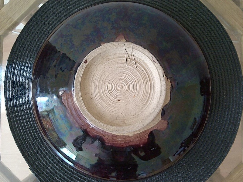 Stoneware bowl, purple lustre glaze, M mark Img-2098