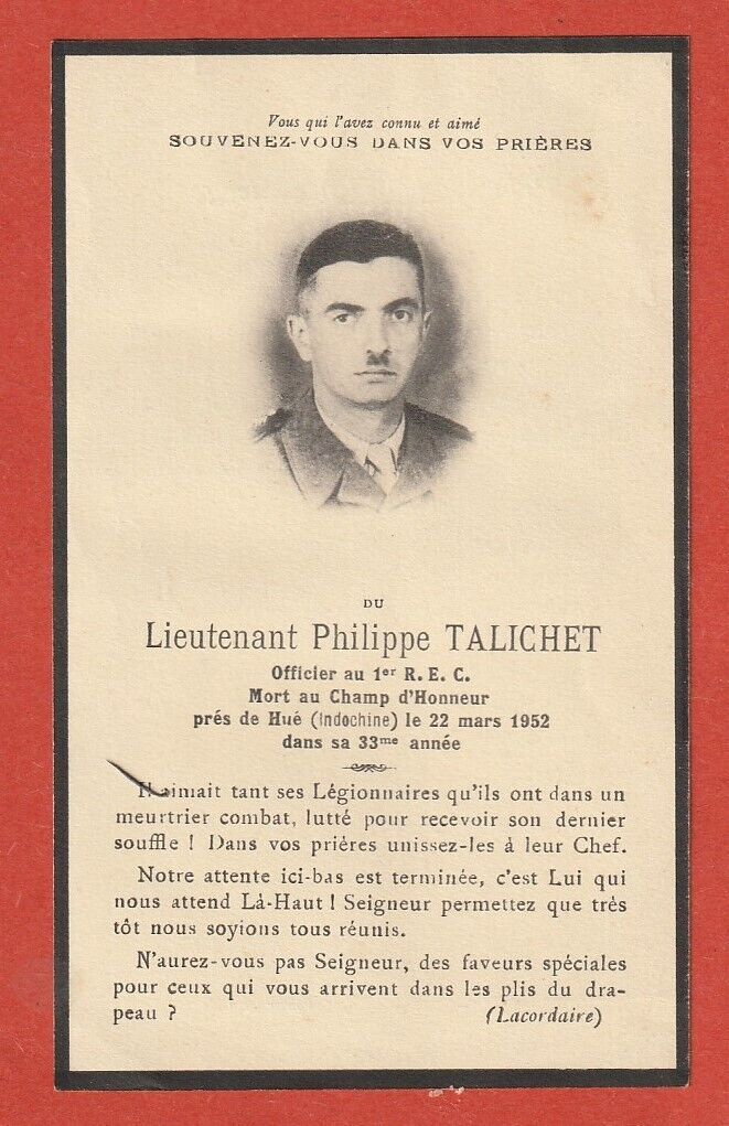 Lègion Etrangere - Avis de deces Liutenant REC Philippe TALICHET - 1952 Talich10