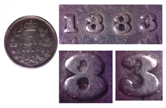 1883H - Chiffres Repoinçonnés  "8 sur 3" (Repunched) 5c_18810
