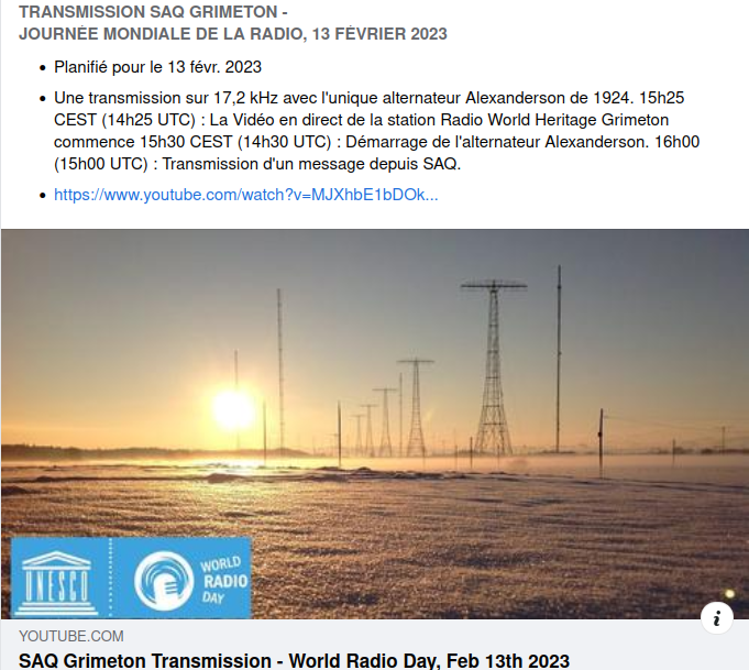 Transmission SAQ Grimeton - Journée mondiale de la radio, 13 février 2023 Captu325