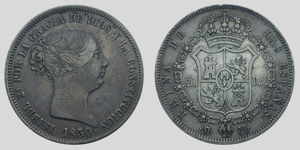 Isabel II. 20 reales de 1850. Primer busto. Madrid CL.  Ii_isa11