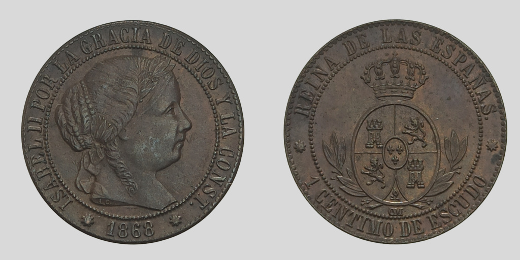 1 céntimo de escudo 1868. Isabel II. Barcelona. ¿Cobre o bronce? Iv_isa12