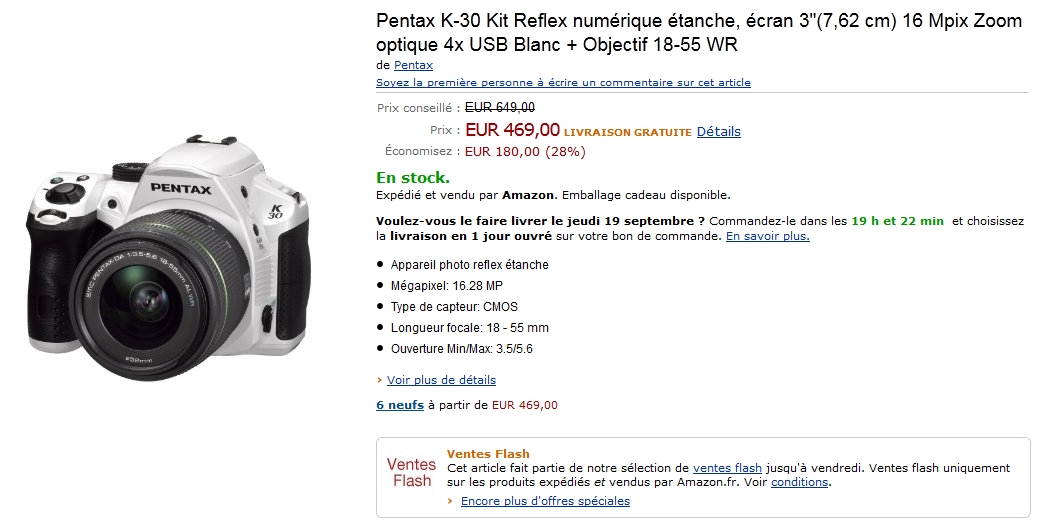 Vente flash Amazon avec -28% sur le reflex Pentax K-30 en kit avec l'objectif 18-55 WR
