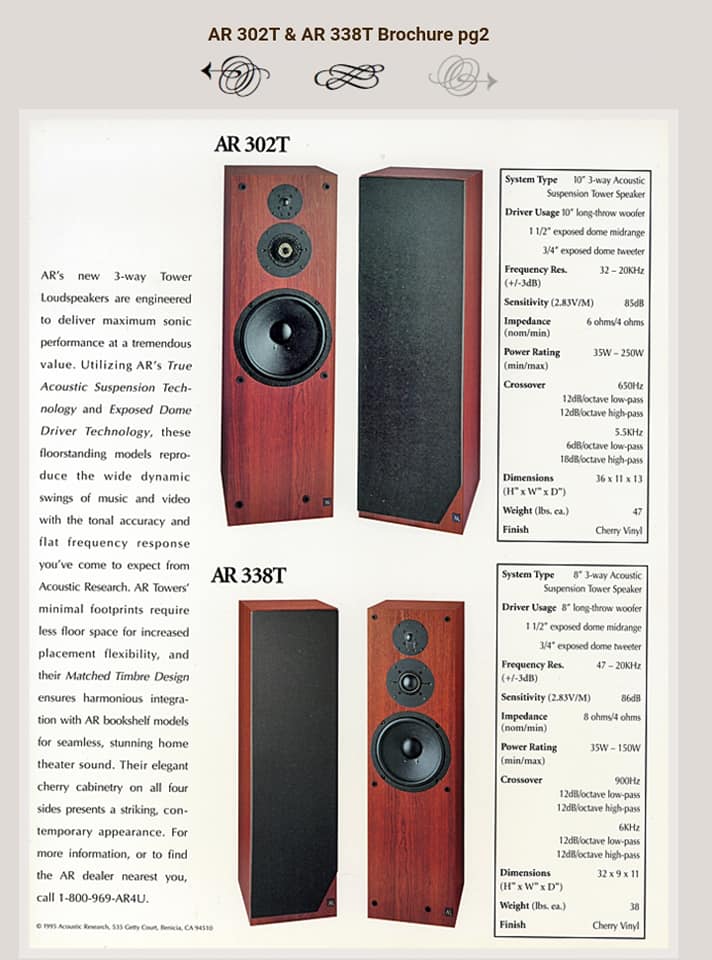 acoustic research (ar) 302t 3 ways 10" floor standing speaker (sold) (used)  11676910