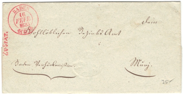 Vermerk: ZU SPÄT auf Brief von Baden nach Muri am 16.2.1835 Vorphi18