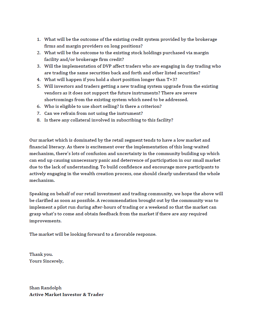 Concened Investor writes to CSE regarding new DVP B10