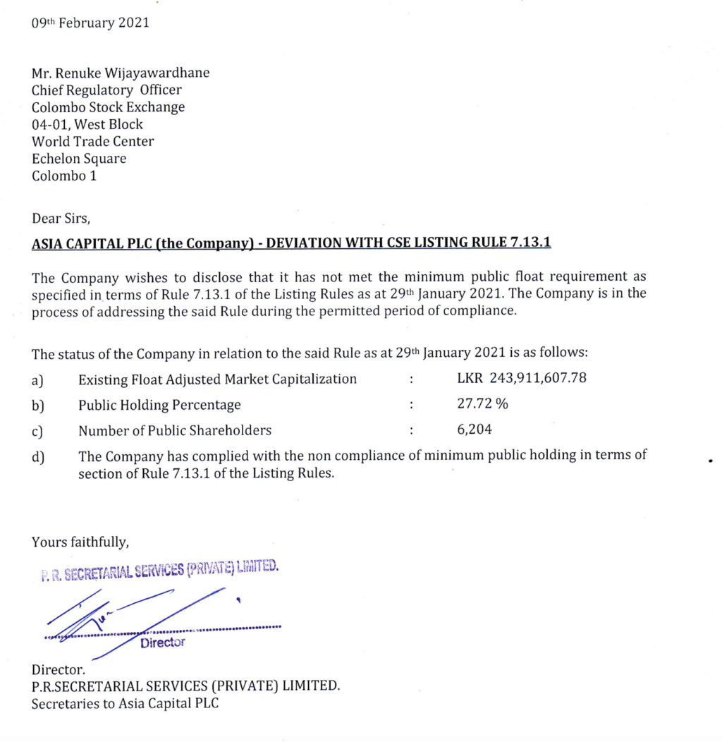 ASIA CAPITAL PLC: Serious Loss of Capital & Confidence Scree154