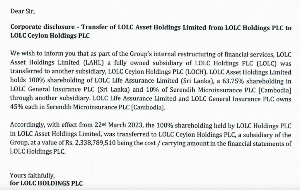 LOLC HOLDINGS PLC: Another Restructuring Scree316